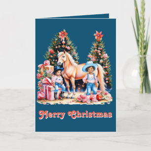 Tarjeta Festiva Black Cowgirl Winter Scene Horse Merry Christmas
