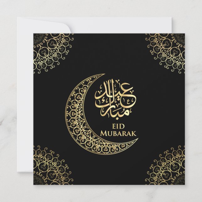 Tarjeta Festiva Black Eid Mubarak Gold Islamic Calligraphy (Anverso)