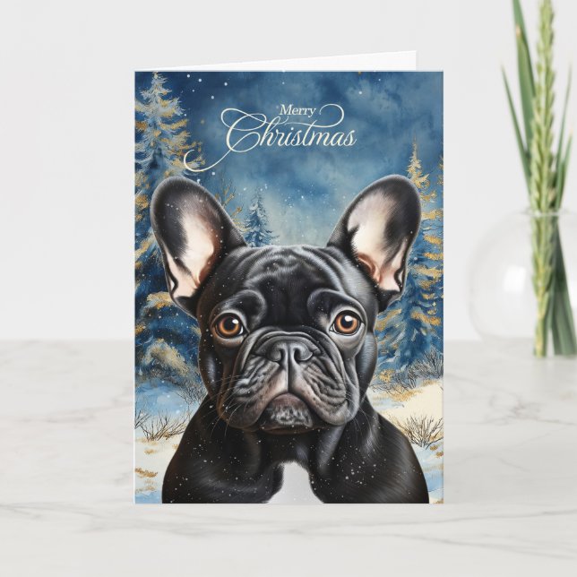 Tarjeta Festiva Black French Bulldog Pine Winter Forest Christmas (Anverso)