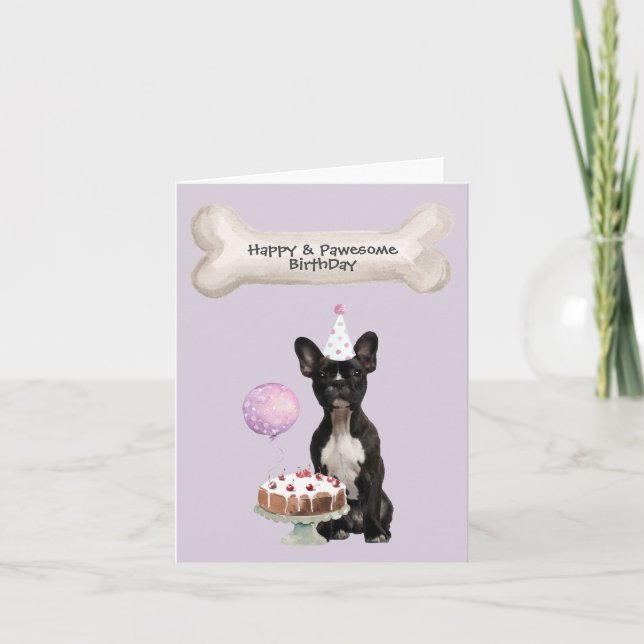 Tarjeta Festiva Black French Bulldog sentado con su cumpleaños (Anverso)