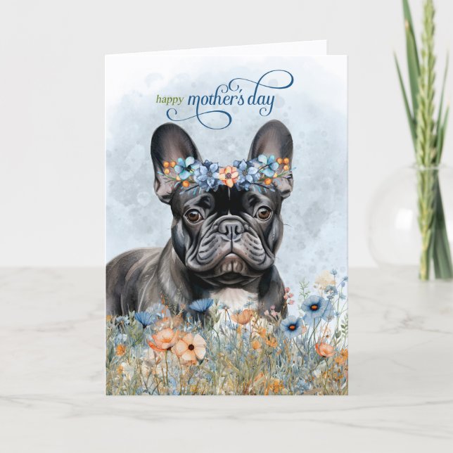 Tarjeta Festiva Black French Bulldog Wildflowers Mother's Day (Anverso)
