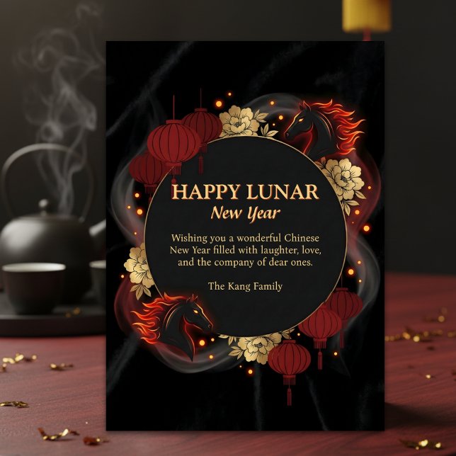 Tarjeta Festiva Black Gold 2026 Horse Chinese Lunar New Year (Lunar New Year – Year of the Horse, Black & Gold Lanterns, Personalized)