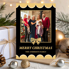 Tarjeta Festiva Black & Gold Bow Scalloped Family Christmas Photo