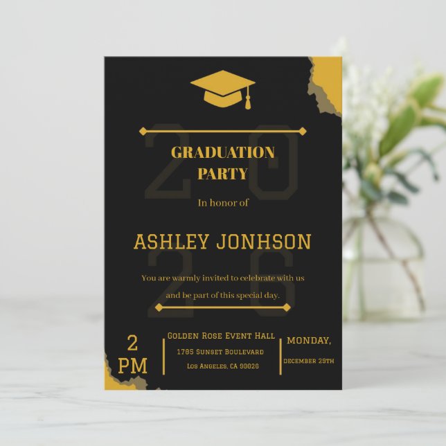 Tarjeta Festiva Black Gold Graduation Party Invitation 2026   (Anverso de pie)