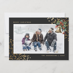 Tarjeta Festiva Black Gold Holly Berries Navidades Bell Photo