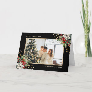 Tarjeta Festiva Black Gold Holly Berries Poinsettia Photo