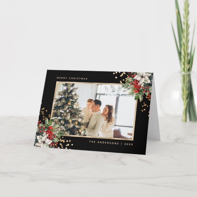 Tarjeta Festiva Black Gold Holly Berries Poinsettia Photo (Anverso)