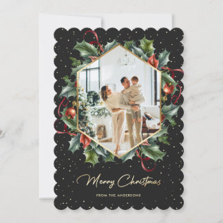 Tarjeta Festiva Black Gold Holly Wreath Foto Merry Christmas Card