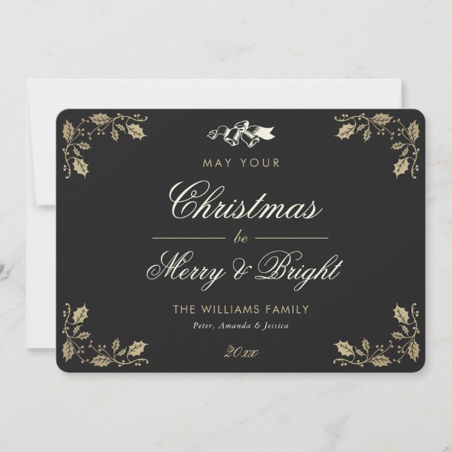 Tarjeta Festiva Black Gold Merry and Bright Holiday Card (Anverso)