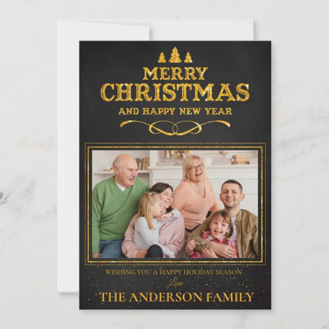 Tarjeta Festiva Black Gold Merry Christmas Happy Year Photo (Anverso)