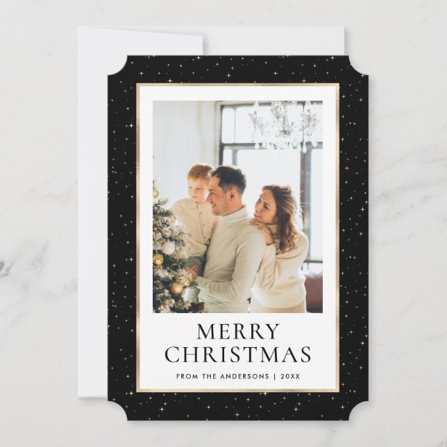 Tarjeta Festiva Black Gold Merry Christmas Photo (Anverso)