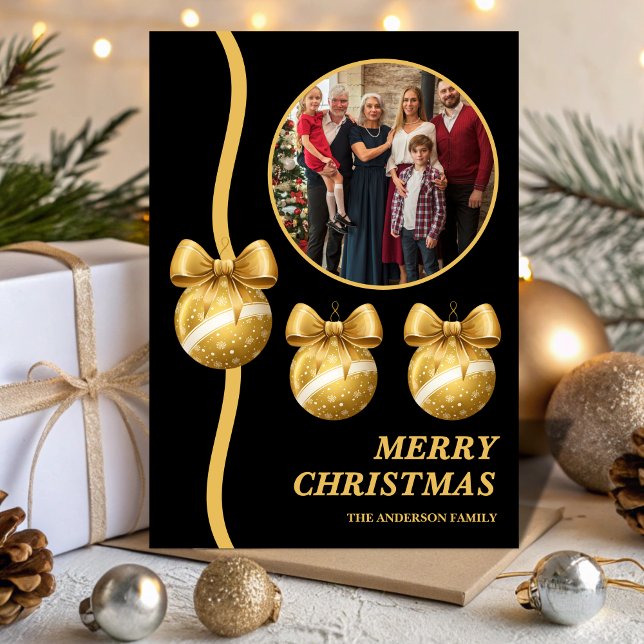 Tarjeta Festiva Black & Gold Ornaments Family Christmas Photo (Subido por el creador)