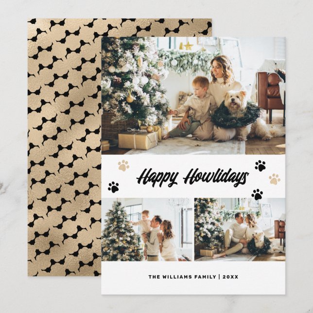 Tarjeta Festiva Black Gold Paws Photo Happy Howlidays (Anverso / Reverso)
