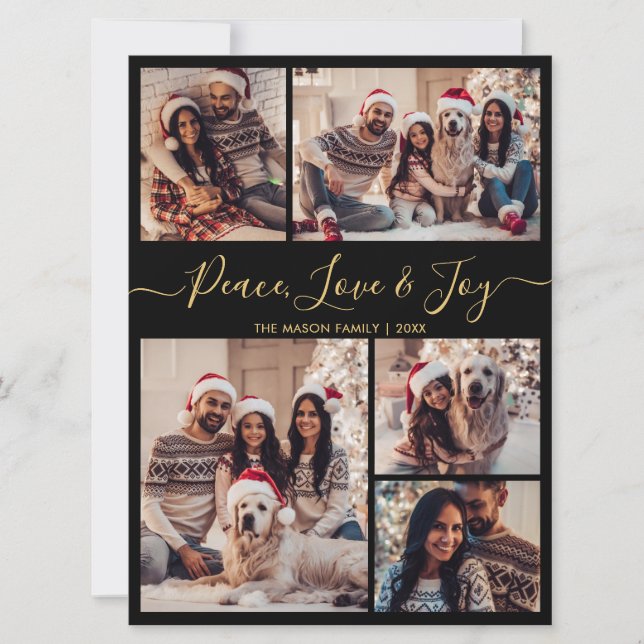 Tarjeta Festiva Black Gold Peace Love and Joy Script 5 Photo (Anverso)
