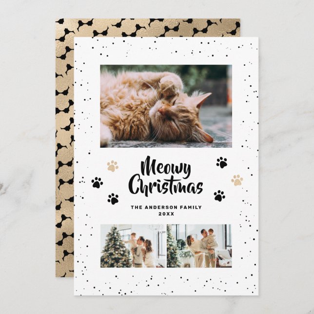 Tarjeta Festiva Black Gold Photo Snow Paws Meowy Christmas Card (Anverso / Reverso)