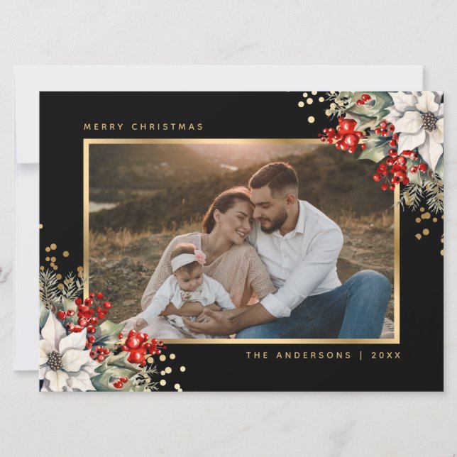 Tarjeta Festiva Black Gold Poinsettia Berries Photo Christmas (Anverso)