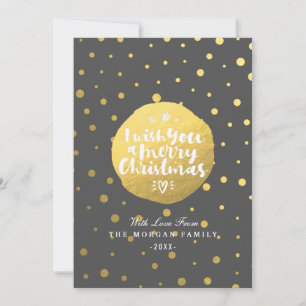 Tarjeta Festiva Black Gold Polka Dots Merry Christmas Script Photo