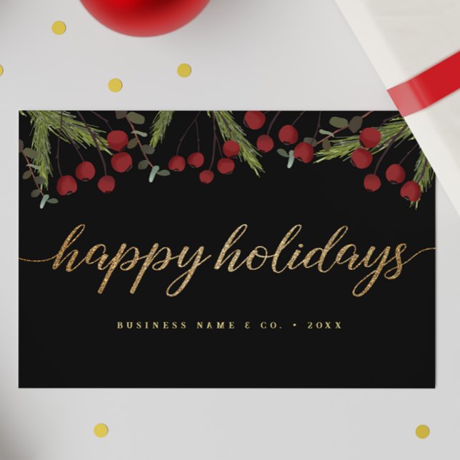 Tarjeta Festiva Black & Gold Red berries Happy Holidays Logo (Business Happy Holidays script gold, green, red berries thank you card.)