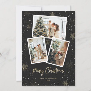 Tarjeta Festiva Black Gold Snowflake Photo Merry Christmas Card