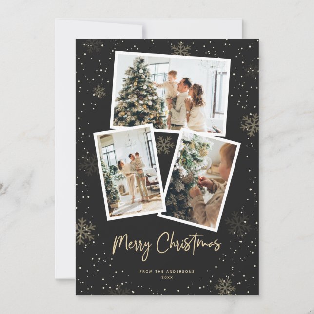 Tarjeta Festiva Black Gold Snowflake Photo Merry Christmas Card (Anverso)