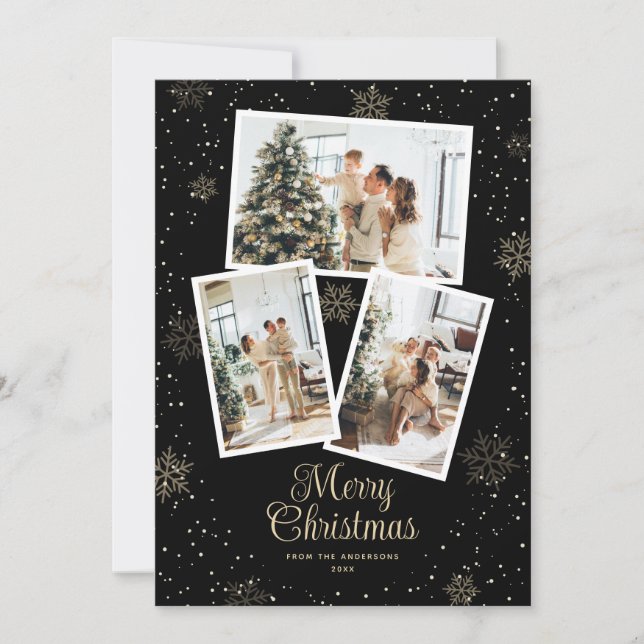 Tarjeta Festiva Black Gold Snowflake Photo Merry Christmas Card (Anverso)