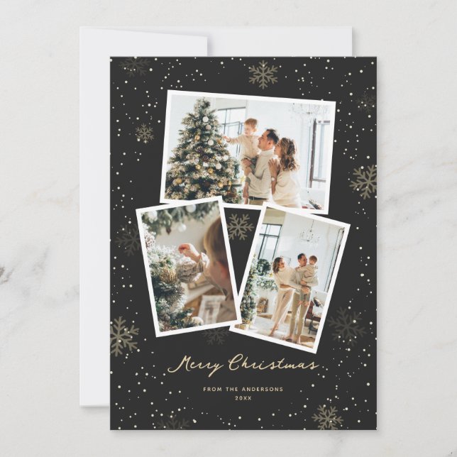 Tarjeta Festiva Black Gold Snowflake Photo Merry Christmas Card (Anverso)