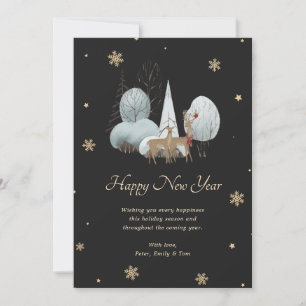 Tarjeta Festiva Black Gold Snowflake Reindee Happy New Year Card