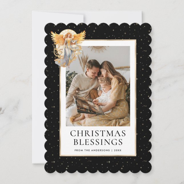 Tarjeta Festiva Black Gold Stars Angel Christmas Blessings Photo (Anverso)