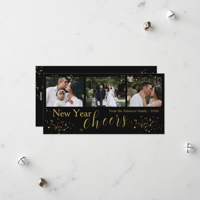 Tarjeta Festiva Black Gold Trendy New Year Cheers Photo  (Anverso/Reverso In Situ)