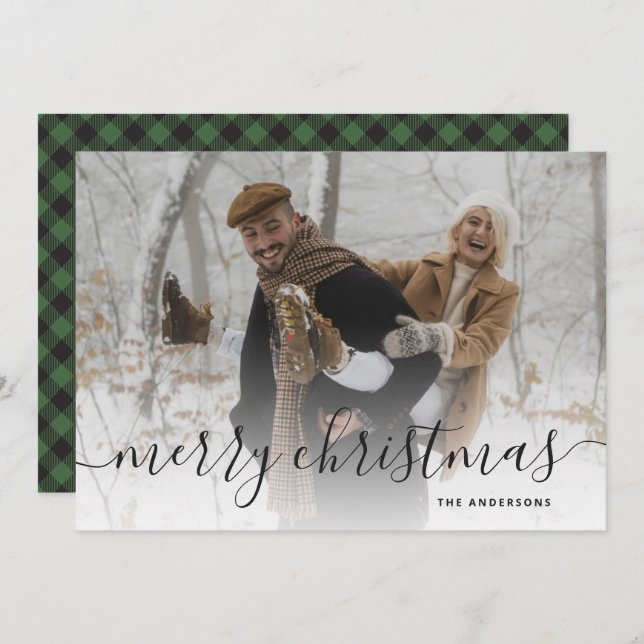 Tarjeta Festiva Black Green Buffalo Plaid Photo Merry Christmas (Anverso / Reverso)