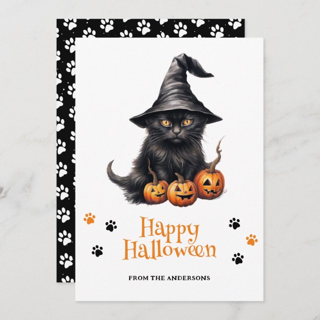 Tarjeta Festiva Black Kitten Jack O' Lanterns Happy Halloween Card (Anverso / Reverso)
