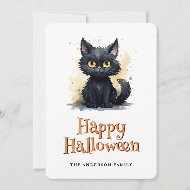 Tarjeta Festiva Black Kitty Happy Halloween Card (Anverso)