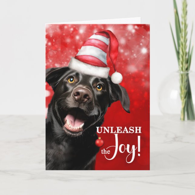 Tarjeta Festiva Black Lab Dog Unleash the Joy Christmas (Anverso)