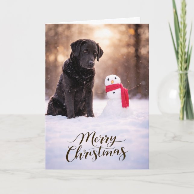 Tarjeta Festiva Black Labrador Christmas Snowman Card (Anverso)