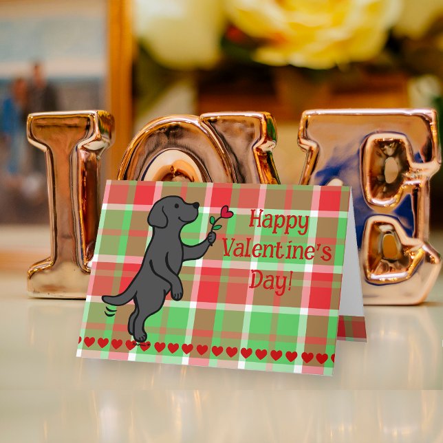 Tarjeta Festiva Black Labrador Tiny Heart Flower Valentine (Black Labrador Tiny Heart Flower Valentine's Day Cards for Labrador Owners.  Sweet cartoon design.)