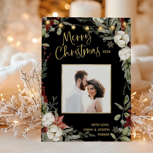 Tarjeta Festiva Black Merry Christmas | Floral y foto de invierno (Subido por el creador)