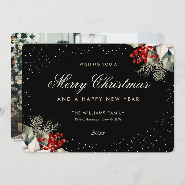 Tarjeta Festiva Black Merry Christmas Happy New Year Photo (Anverso / Reverso)
