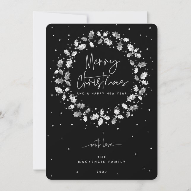 Tarjeta Festiva Black Merry Christmas Holly Wreath (Anverso)