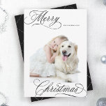 Tarjeta Festiva Black Merry Christmas Script Minimal Photo<br><div class="desc">Elegante y romántica caligrafía rápida con una foto y un patrón impecable en la parte trasera. Para una personalización más avanzada de este diseño,  haga clic en el BOTÓN HERRAMIENTA DE DISEÑO AZUL de arriba.</div>