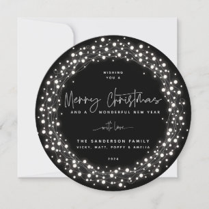 Tarjeta Festiva Black Merry Christmas Script Sparkling Lights