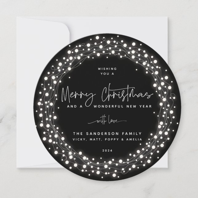 Tarjeta Festiva Black Merry Christmas Script Sparkling Lights (Anverso)
