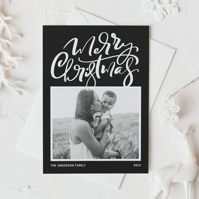 Tarjeta Festiva Black Modern Calligraphy Photo Merry Christmas (Subido por el creador)
