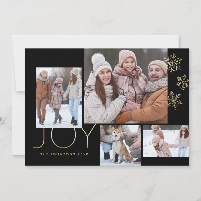 Tarjeta Festiva Black Modern Gold Simple Multi-Photo (Anverso)