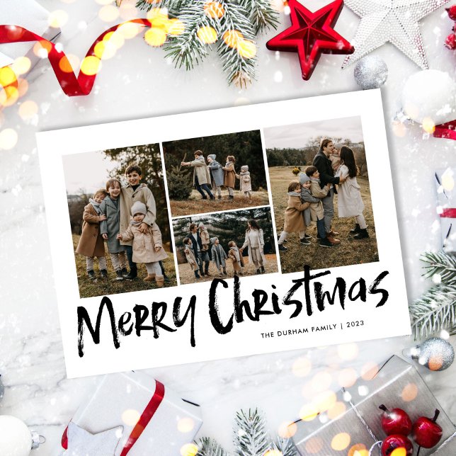 Tarjeta Festiva Black Modern Lettering Four Photo Merry Christmas (Subido por el creador)