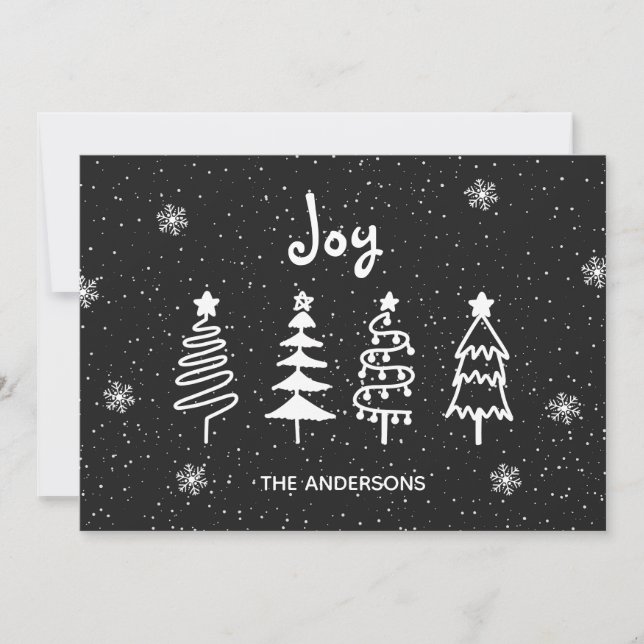 Tarjeta Festiva Black Modern Minimal Pine Trees Nieve Joy Navidade (Anverso)