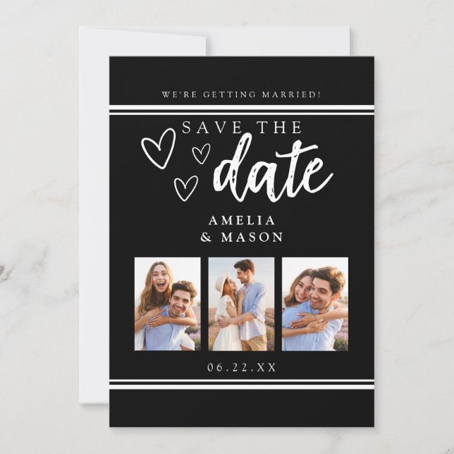 Tarjeta Festiva Black Modern Photo Collage Save the Date (Anverso)