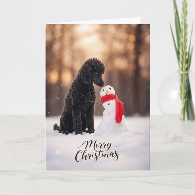 Tarjeta Festiva Black Poodle Christmas Snowman (Anverso)