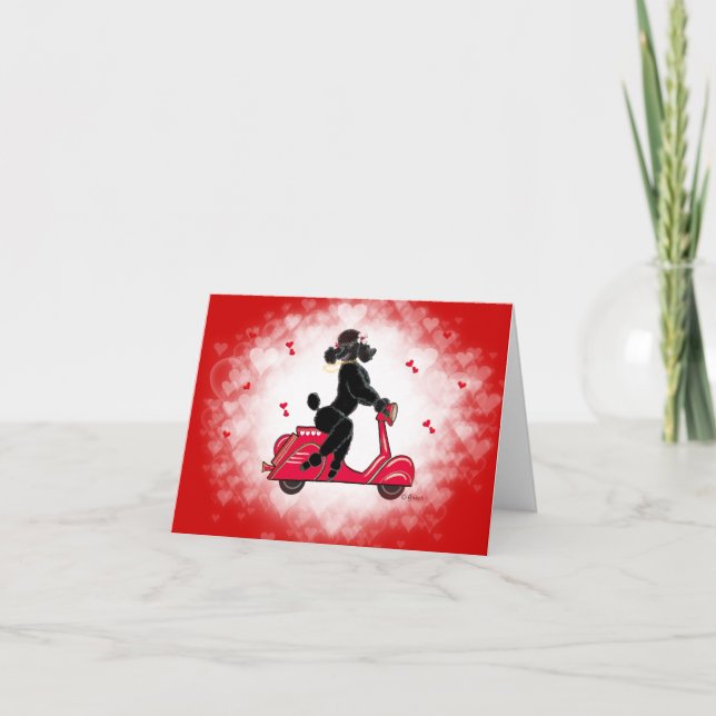 Tarjeta Festiva Black Poodle y Scooter Valentine Art (Anverso)