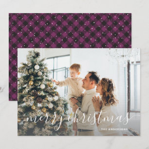 Tarjeta Festiva Black Purple Buffalo Plaid Photo Merry Christmas