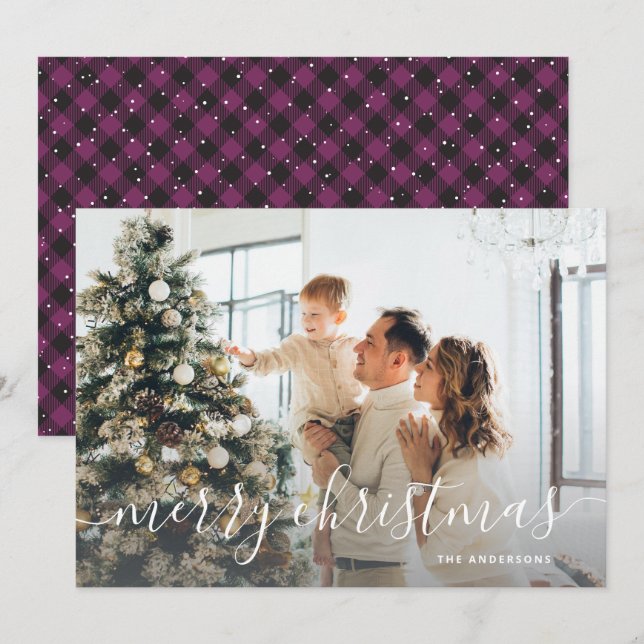 Tarjeta Festiva Black Purple Buffalo Plaid Photo Merry Christmas (Anverso / Reverso)